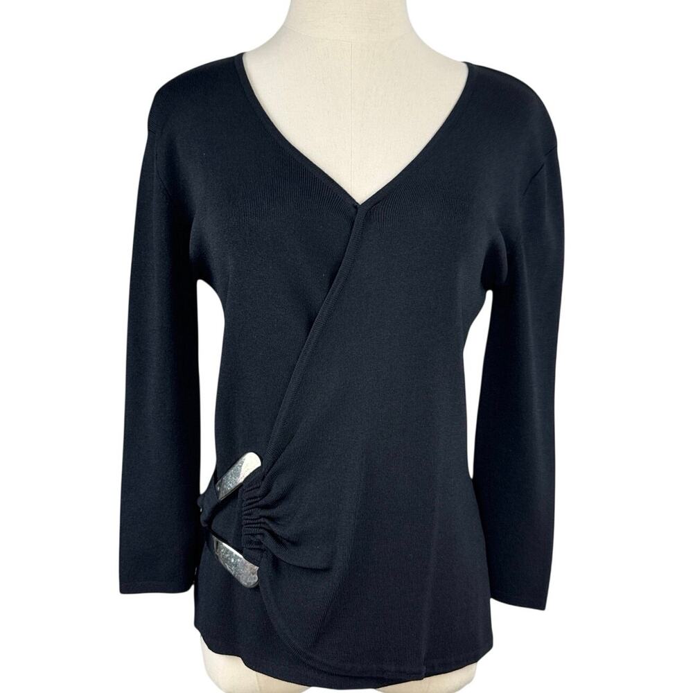 Vintage 90s Joseph A Black Faux Wrap Sweater Top Medium Viscose Nylon